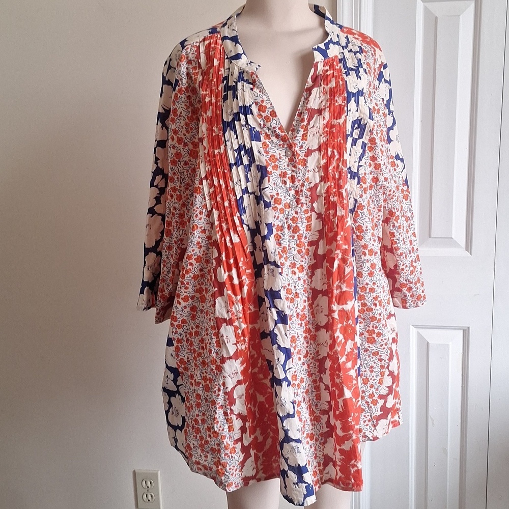 LA Cera Cotton Orange Blue Floral Button Down Tunic Size 2X - Picture 2 of 9